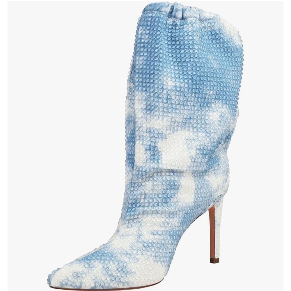 Blue & White Rhinestone Stiletto Boots, Size 10